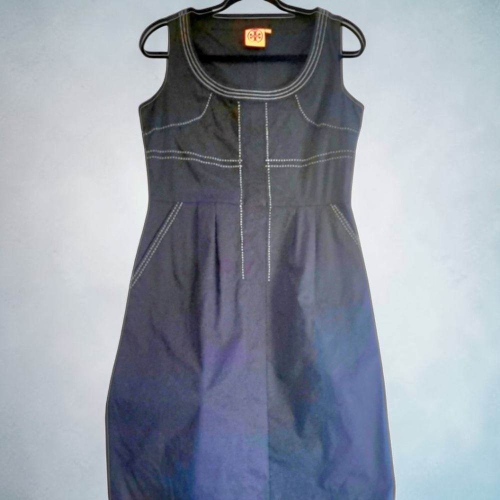 Tory Burch Sleeveless Dress Navy w/ Contrast White Stitch Cotton Spandex Size 8